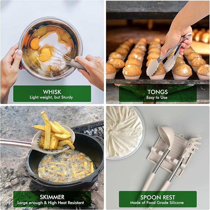 HOTEC 446°F Heat Resistant Silicone Kitchen Utensils, Cooking Utensil Set, Spatula Set, BPA Free, Kitchen Gadgets, With Stainless Steel Utensils Holder, Dishwasher Safe 14pcs Khaki - Image 7