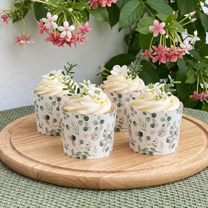 Qinyoung 150 Pcs Green Eucalyptus Leaf Paper Baking Cups Greaseproof Disposable Cottagecore Cupcake Liner Greenery Cupcake Muffin Case for Spring Summer Wedding Bridal Baby Shower Birthday Party Decor - Image 7