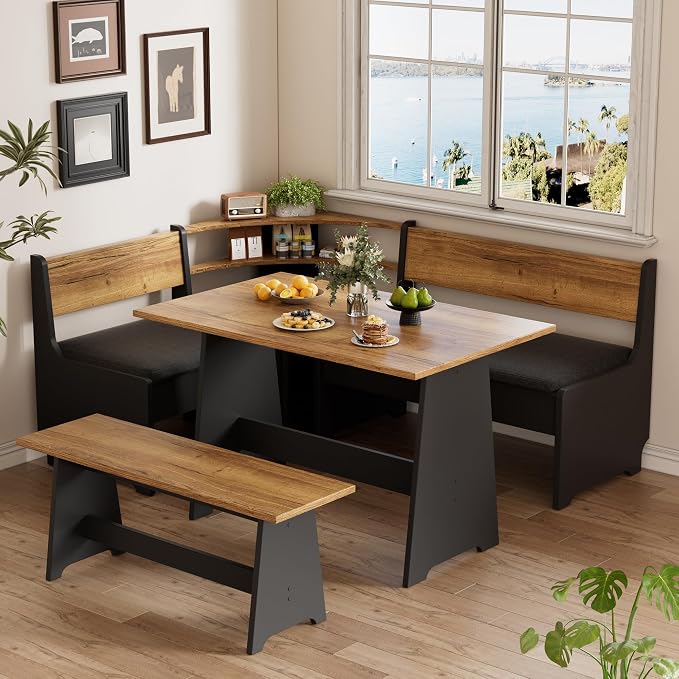 PAKASEPT Corner Breakfast Nook Table Set with Cushion, L-Shape Kitchen Dining Table with Bench, Farmhouse Wood Breakfast Nook Bench with Hidden Storage,Black - Image 9