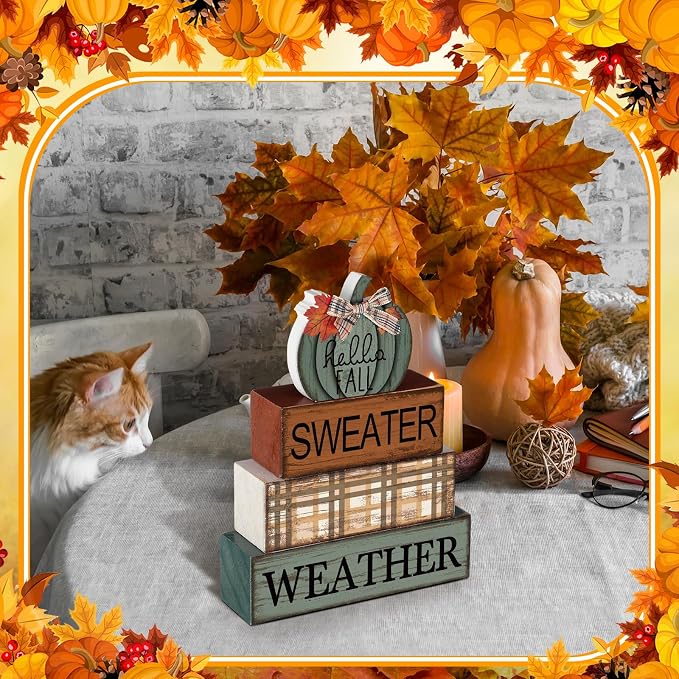 Moucuny 4 Pcs Thanksgiving Pumpkin Decor Fall Decorations for Home Thanksgiving Table Centerpiece Pumpkin Tiered Tray Decor Rustic Decorative Block Signs Farmhouse for Harvest Party Table Kitchen Home - Image 6