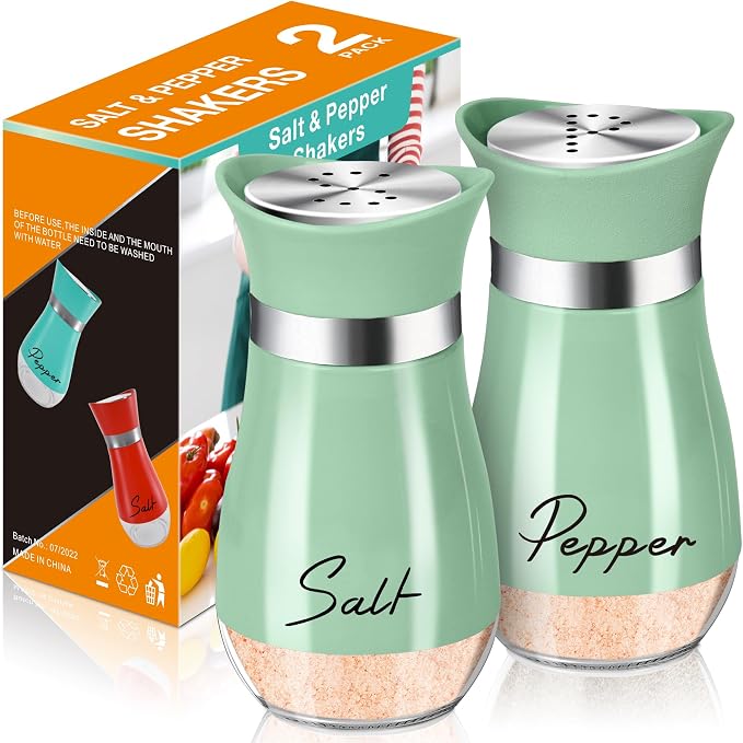 Salt and Pepper Shakers - 2 Pack Matcha Green Glass Set with Steel Caps | Compact Refillable Shakers with Stainless Steel Caps And Glass Bottoms for Dining Tables, Camping, RV Trips, BBQs And Gifts. by ARROZON