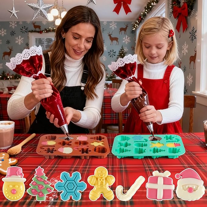 4Pcs Christmas Chocolate Molds, 14-Cavity Silicone Candy Baking Molds Snowflake Cane Snowman Santa Claus Christmas Trees Gingerbread Man Gift Box Shape Mold for Candies, Ice Cubes, Wax Melts