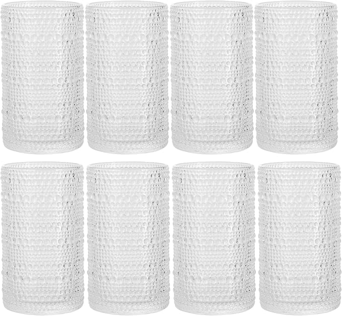 Highball Glasses Hobnail, Set of 8, Textured Embossed Beaded Design, 15.2 oz Cocktail Cooler Drinking Glassware Elegant Everyday Home Dinner Bar - Image 9