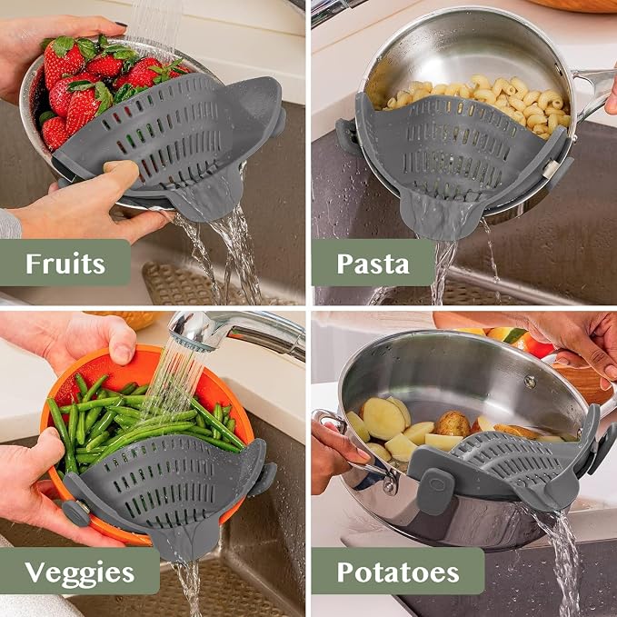 Kitchen Gizmo Snap N' Strain - Silicone Pasta Strainer Clip-On for Pots and Pans - Heat Resistant Colander for Vegetables and Noodles - Kitchen Gadgets for Cooking - Space-Saving Design - Gray - Image 8