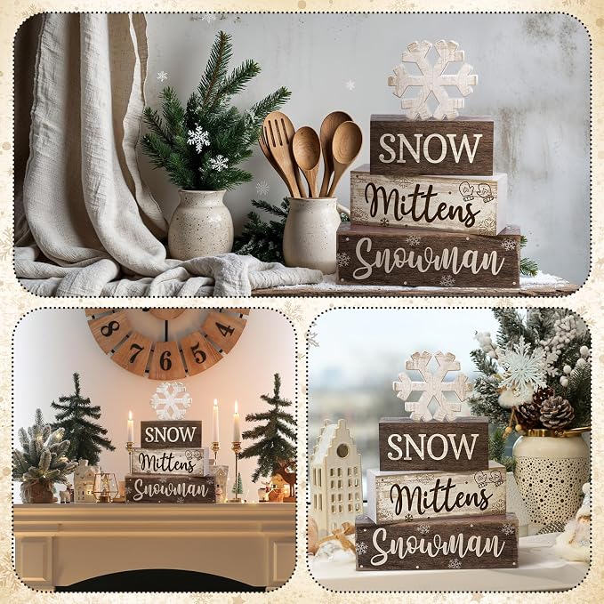 Moucuny 4 Pcs Winter Table Decorations Wooden Snowflake Decor Christmas Tiered Tray Decor Rustic Decorative Snowflake Block Sign Gift Winter Table Centerpiece for Wonderland Party Home Kitchen - Image 8