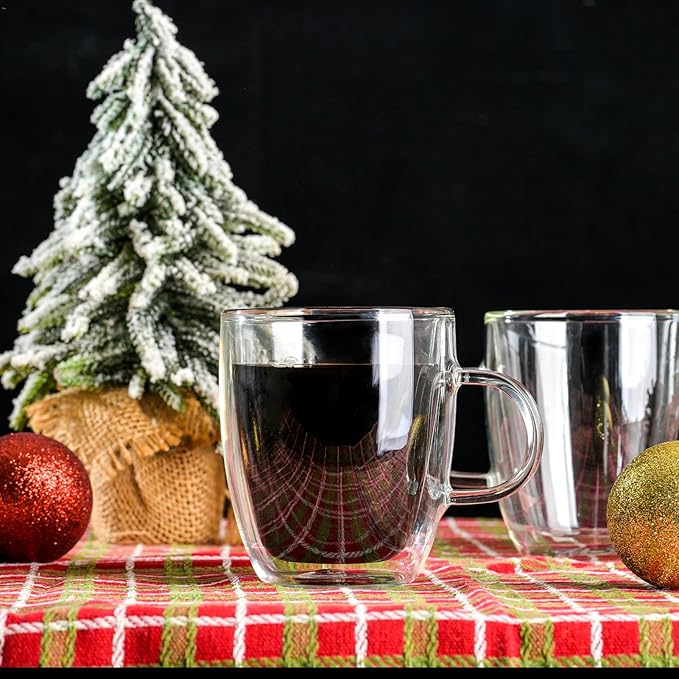 Double Wall Insulated Glass Coffee Mugs set of 4-13.5 oz Clear Hand Blown Glass Coffee Cups with Handle for Cappuccino, Latte,Espresso,Tea Bags,Americano,Beverages, Coffee Lovers Gifts