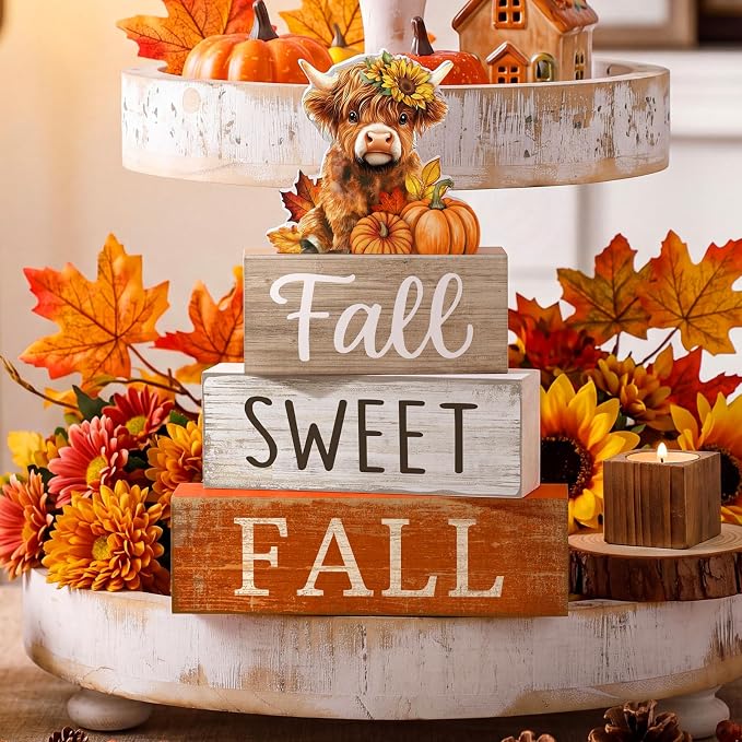 Moucuny 4 Pcs Fall Decoration for Highland Cow Home Fall Table Decor Wooden Stacked Block Decor with Sunflower Cow & Pumpkin Topper Rustic Thanksgiving Tiered Tray Decoration for Harvest Home Kitchen - Image 7