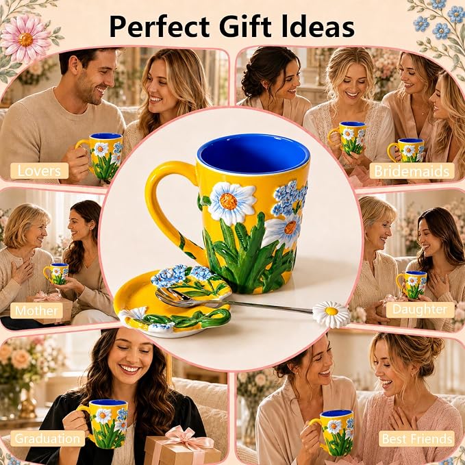Ceramic Coffee Mug, 19 oz Large Floral Mug with Lid, Novelty Hand-Painted Mugs with Handle & Spoon, Dishwasher & Microwave Safe Cups for Coffee, Tea, Cocoa, Birthday Housewarming Wedding Gift - Yellow - Image 8