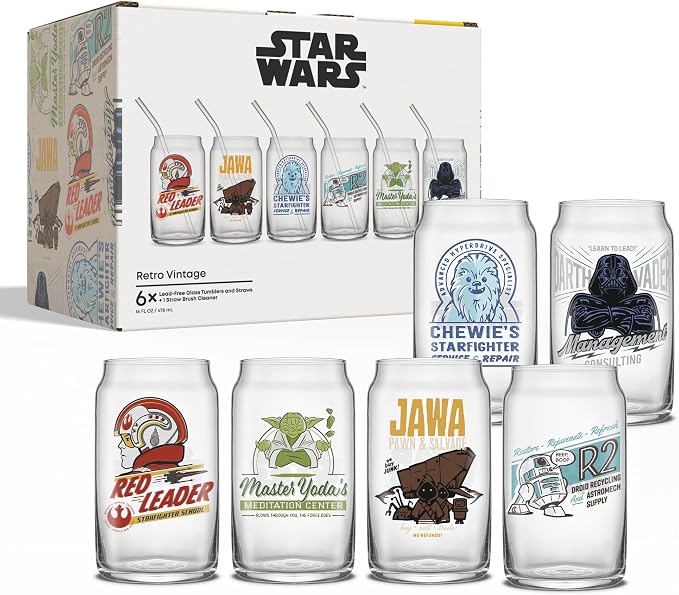 JoyJolt Star Wars Retro Vintage Collection 16.9oz Glass Tumblers - Featuring Darth Vader, R2D2, Yoda, Chewbacca, Red Leader, Jawa - Original Trilogy Drinkware, Set of 6 with Glass Straws - Image 9