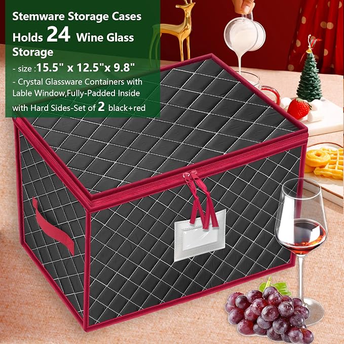 Christmas Stemware Storage Cases with Dividers- Holds 24 Wine Glass Storage or Crystal Glassware Containers, China Storage Containers with 2 Handles and Lable Window -Set of 2 Black - Image 7