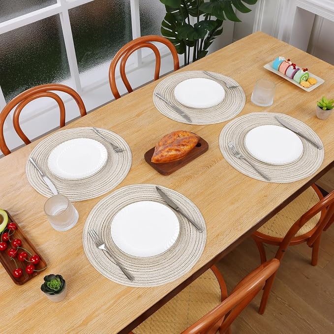 SHACOS Round Braided Placemats Set of 4 Washable Table Placemats Cotton Polyester Place Mats 15 inch Circle Table Mats for Holiday Party (Ivory, 4) - Image 9