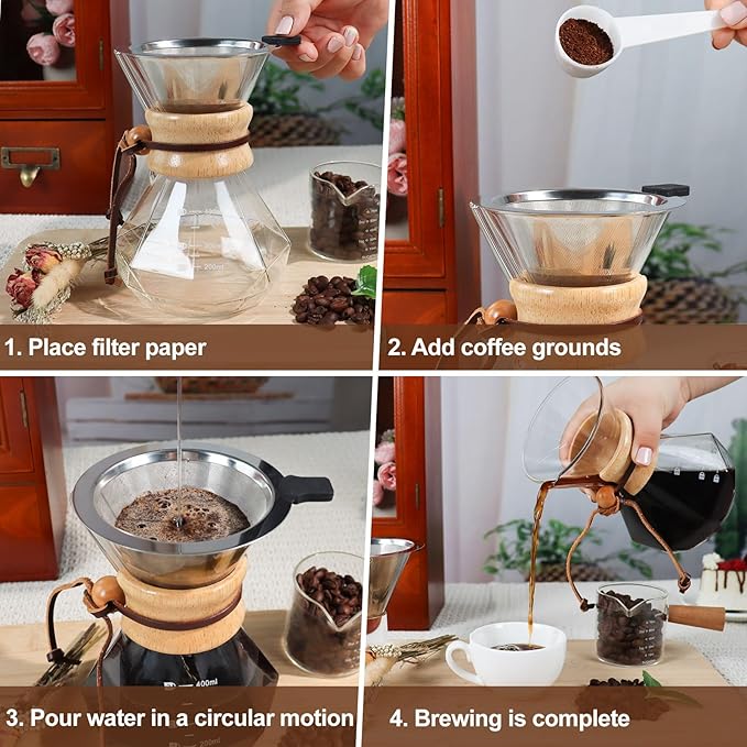 Pour Over Coffee Pot Set 400ml Features 304 Stainless Steel Filter Glass Coffee Pot with High Borosilicate Glass Duckbill Spout Design Solid Wood Handle Pour Over Coffee Drippers Daily Brewing