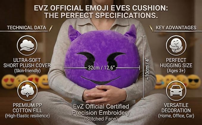 EvZ Official Certified Devil Emoji Pillow - 32cm Large Soft Plush Purple Imp Emoticon Cushion - Unique Horned Decorative Stuffed Toy for Halloween, Gaming Room (Purple) - Image 6
