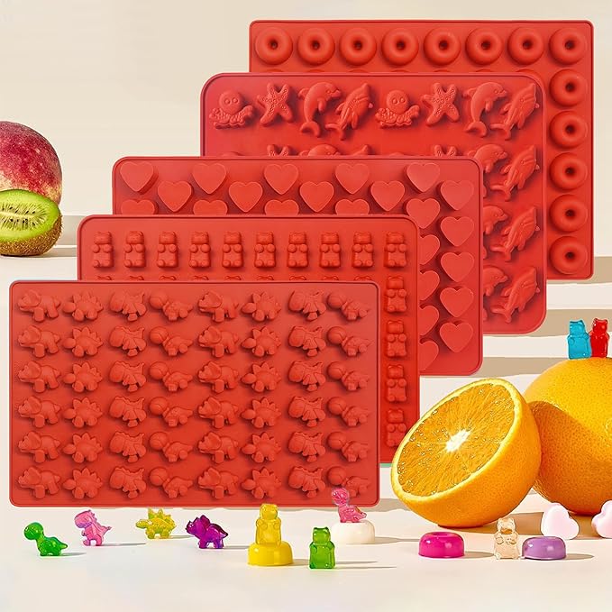 Gummy Bear Mold Silicone for Gummies Candy, 5Pcs Ocean Theme Gummy and Chocolate Molds Silicone for Kids Including Mini Bear, Dinosaur, Dolphin, Starfish, Octopus, Hearts, Donut with 2Droppers