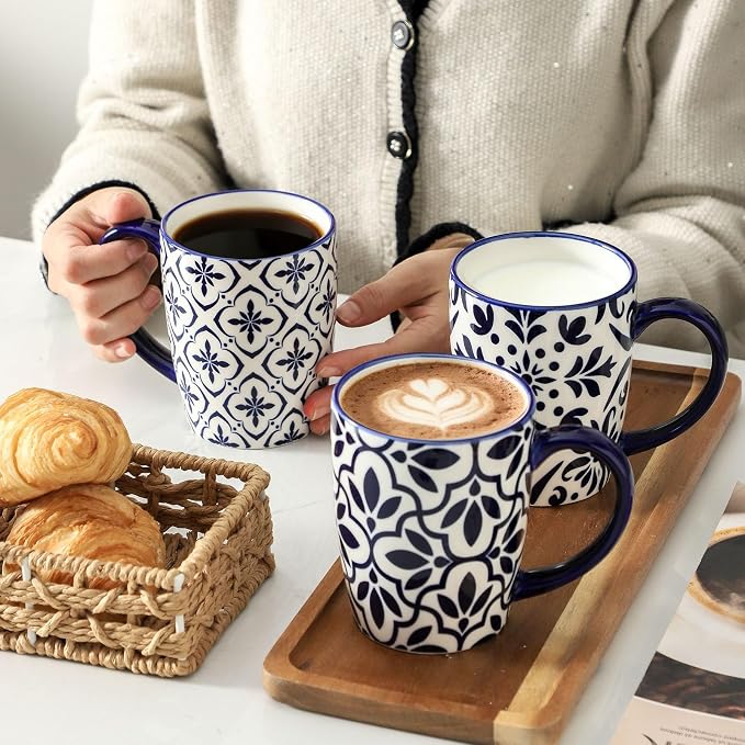 HASENSE Coffee Mugs Set of 6, 16OZ Ceramic Coffee Mugs with Blue and White Floral Patterns, Elegant Large Coffee Cups for Coffee, Tea, Latte & Cappuccino, Microwave & Dishwasher Safe, Vintage Blue - Image 7