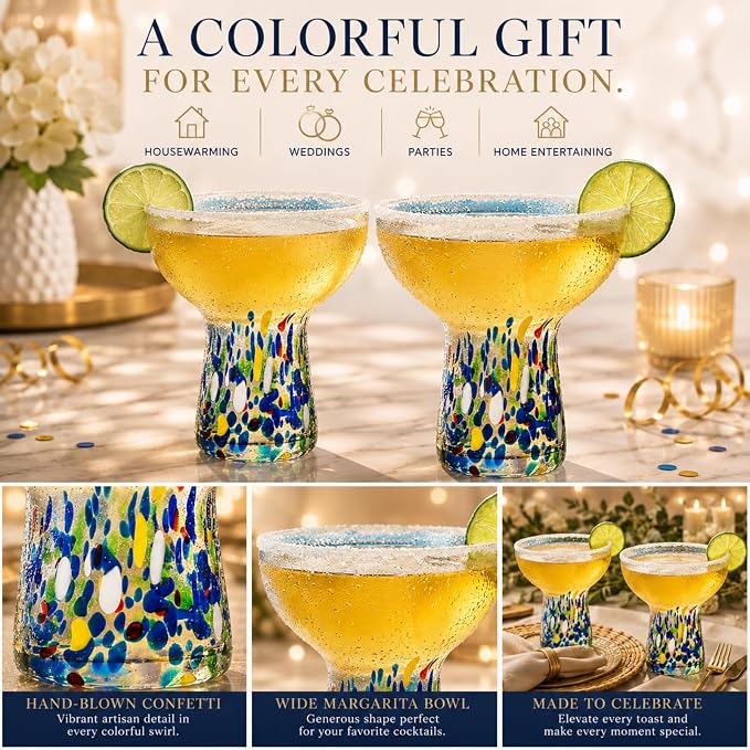 Large Stemless Hand Blown Confetti Margarita Glasses - 14 oz - Set of 2 | Colorful Artisan Glassware, Perfect for Margaritas, Martinis, Wine, Cocktails & Champagne, Great for Cinco de Mayo & Parties - Image 10