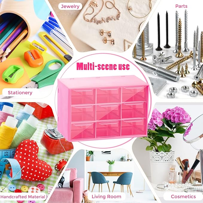 Marsui 4 Pack Desktop Storage Organizer with 9 Drawers Craft Organizer with Mini Drawers Plastic Organizers and Storage Containers for Craft Art Jewelry Cosmetics Sewing Supplies Accessory(Rose Pink)
