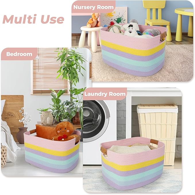 danpinera Large Laundry Basket, 108L Rectangle Woven Baskets for Storage for Living Room, Laundry, Nursery, Pillows, Baby Toy chest, Blanket Storage with Leather Handle, 25ββ*16ββ*16ββ Rainbow