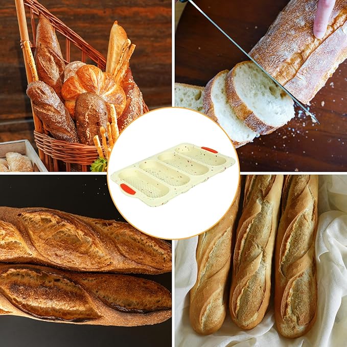 Silicone Bread Loaf Pan, 4-cavity Non-Stick Baguette Bread Pan Heat Resistant Hot Dog Bun Mold, for Sub Roll Baking Pan Bread Pans for Homemade Bread(Beige)