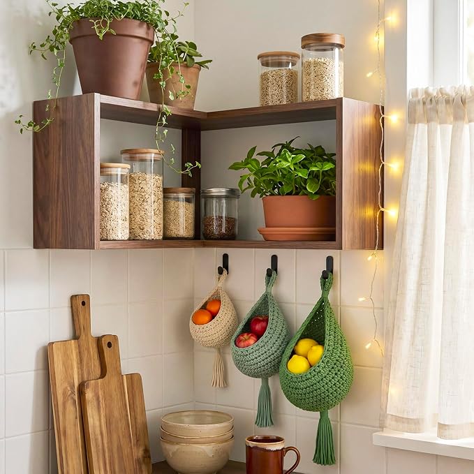 Honeydak Boho Decor Hanging Wall Baskets for Kitchen 3 Pack Teardrop Baskets with Hooks Storage Fruit Onion Vegetable Potato for Home 3 Sizes(Sage Color Palette,Tassel,Cotton Rope) - Image 6