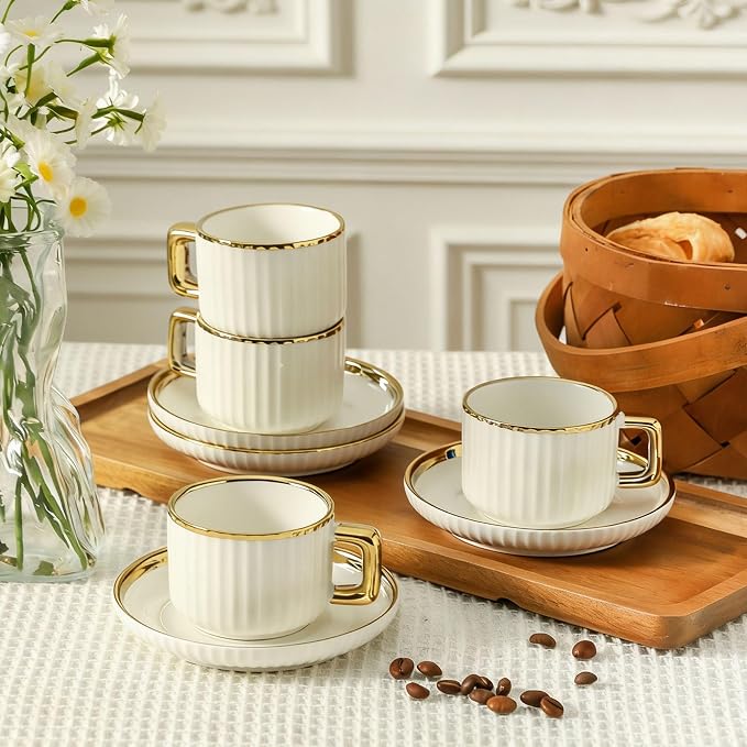 LETAOTAO Espresso Cups Set of 4, 3oz Espresso Cups and Saucers | Ceramic Coffee Cups with Gold Trim, Stackable Mini Demitasse Mugs for Espresso, Cappuccino,Latte, Americano and Tea - Image 7