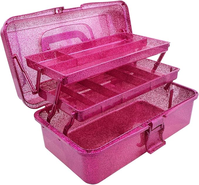 12.2inch 3-Layer Art & Craft Tool Storage Box, Beautiful Sewing Supplies Organizer, Plastic Portable Fishing Tackle Boxes, for Art Supply, Makeup, Hair Accessories,Painting Tools Container (Hot Pink)