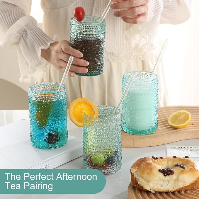ZMOWIPDL Drinking Glasses Set of 12,Light Blue 12oz & 15oz Glass Cups | Vintage Hobnail Glassware,Embossed Water Tumbler,for Beer,Cocktail,Whiskey,Juice and Various Mixed Drinks - Image 7