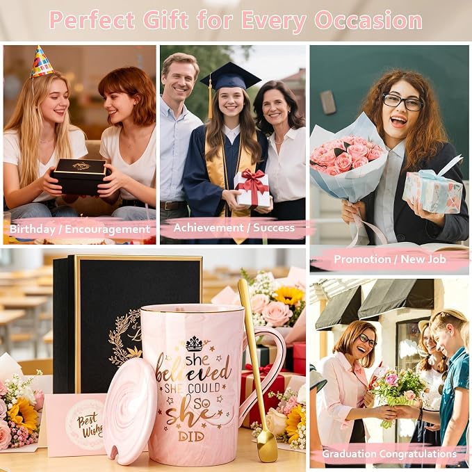 Graduation Gifts for Her 2026 - She Believed She Could So She Did Mug - Valentines Spiritual Motivational Congratulations Gifts for Women, 14oz Pink Ceramic Marble Gold Print Coffee Cup, Nicely Boxed - Image 9
