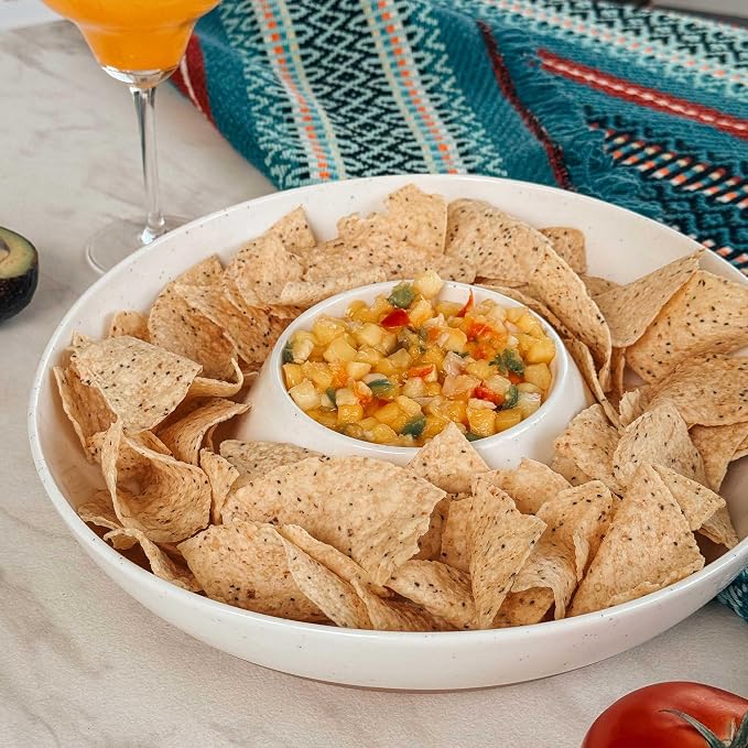 Mora Ceramic Chips and Dip Serving Tray: Large Divided Party Bowl Set for Chips & Salsa, Veggies & Dip, Fruit, Snacks, Entertaining, Hosting, etc. Minimalist Design for the Modern Hostess - White - Image 7