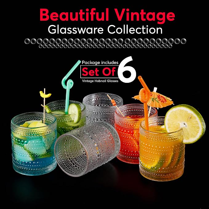 Hobnail Drinking Glasses, Vintage Glassware Set of 6, Vintage Drinking Glasses 11.75 oz, Bubble Glasses Drinking, Hobnail Glasses, Vintage Glass Cups, Jupiter Glasses for Juice, Soda, Beer, Whisky - Image 7