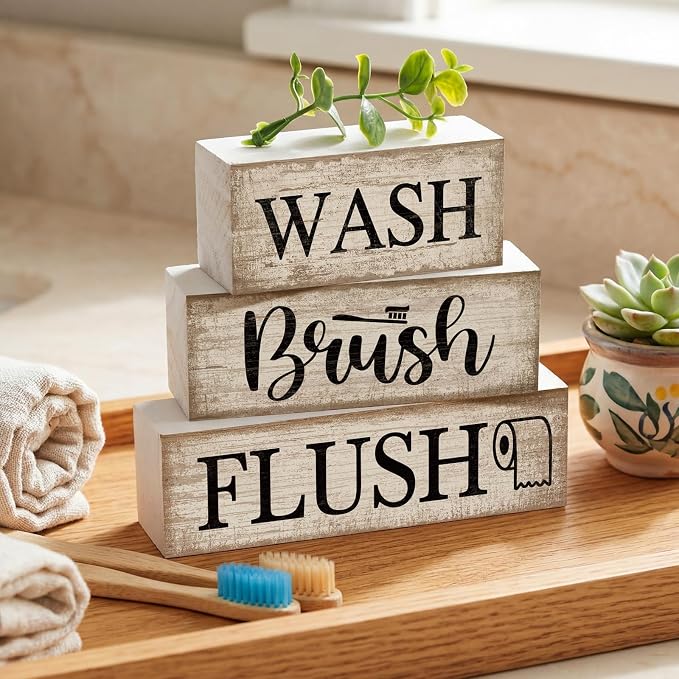 Moucuny 4 Pcs Farmhouse Bathroom Decor and Accessories Rustic Bathroom Shelf Decor Sign Set "wash/brush/flush" Farmhouse Eucalyptus Leaves Wood Block Signs for Toilet Vanity Countertop Home Decoration - Image 9