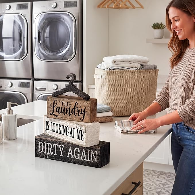 Moucuny 4 Pcs Farmhouse Laundry Room Decor and Accessories Stacked Blocks The Laundry Is Looking at Me Dirty Again Wooden Signs with Vintage Hanger - Rustic Farmhouse Sign for Home Bathroom Shelf Gift - Image 7