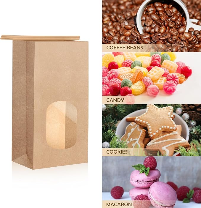 250 Pcs Bakery Bags with Window Small Kraft Paper 3.54 x 2.36 x 6.7 Inch Cookie Treat Tin Tie Tab Lock Brown for Coffee Food Candy Gift Packaging Party - Image 7