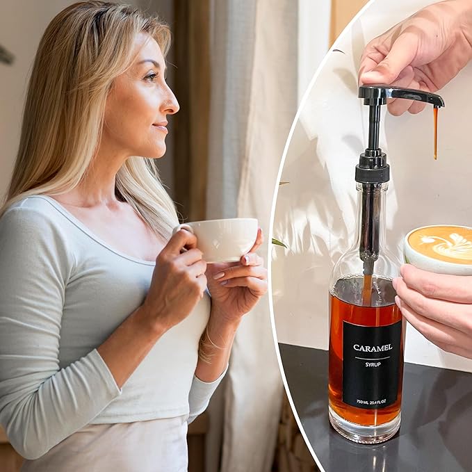 Coffee Syrup Dispenser, 25.4oz 750ml Glass Syrup Bottles, 4 Pack Syrup Dispenser for Coffee Bar With Large Leakproof Syrup Pump, 38 Labels, 120ml Espresso Cups