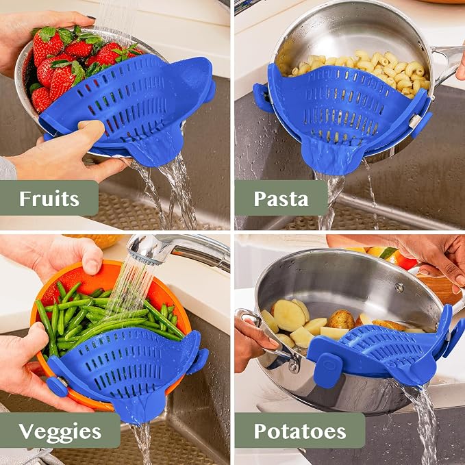 Kitchen Gizmo Snap N' Strain - Silicone Clip-On Strainer for Pots, Pans, and Bowls - Heat-Resistant Kitchen Gadgets, Essential Colander Drainer for Vegetables and Pasta - 7.87x2.76x4.53-Inch (Blue) - Image 7