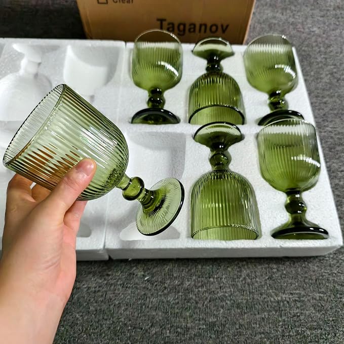 Taganov Green Drinking Glasses set of 6 Big Wine Goblets Vintage Colored Glassware 13 oz for Wedding Party Bar Vertical Line Embossed Pattern Stemmed Cups 400ml - Image 9