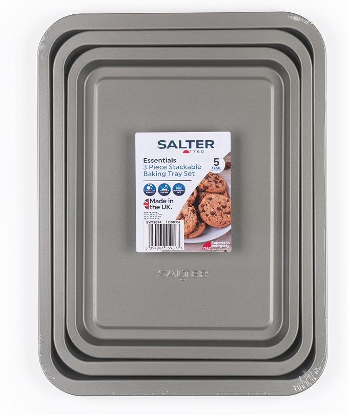Salter Essentials Baking Tray Set, 3 Pack 31/35/39 Cm | Carbon Steel, Non-Stick Coating, PFOA-Free, Dishwasher Safe, Stackable Design, Made In The UK, For Pastry And Cookies - Image 7