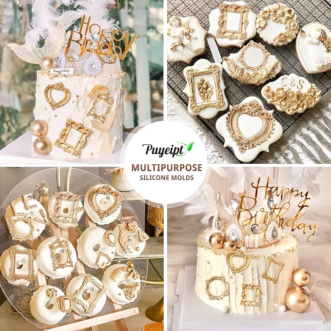 4 Pcs Photo Frame Silicone Molds, Baroque Style Picture Photo Frames Fondant Molds for Cupcake Topper, Chocolate, Candy, Donut Cake Puck Decoration and Clay Craft Making