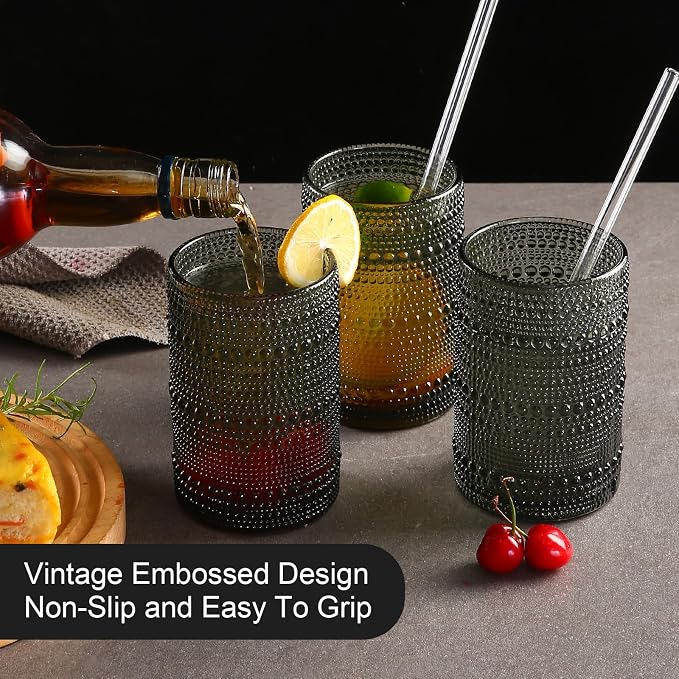 ZMOWIPDL Drinking Glasses Set of 6,15 oz Grey Hobnail Glass Cups | Vintage Glassware๏ผEmbossed Water Tumbler,for Beer,Cocktail,Whiskey,Juice and Various Mixed Drinks- 1 Cleaning Brush - Image 7