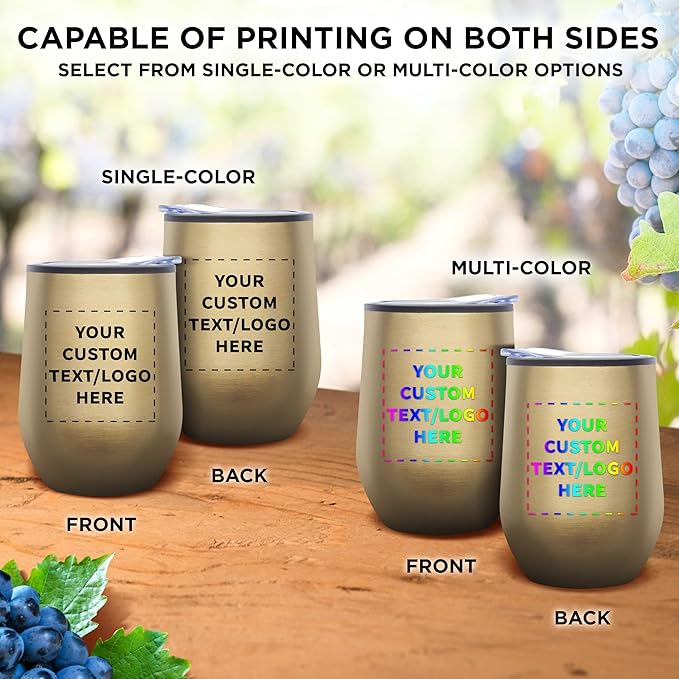 Custom Stemless Wine Tumblers 12 oz. Set of 6, Personalized Bulk Pack - Insulated, Perfect for Wine, Cocktails, Other Hot & Cold Beverages - Gold