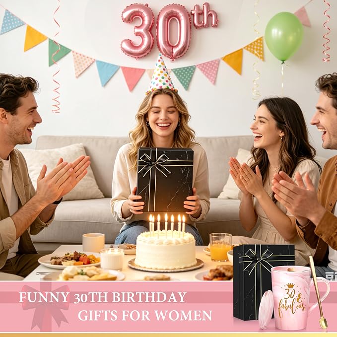 30th Birthday Gifts for Women Her, 30 Year Old Birthday Gifts for Women, Turning 30 Year Old Gifts for Mom Wife Daughter Sister Friends Aunt, 14oz Pink Marble Gold Print Ceramic Mug with Gift Box - Image 8