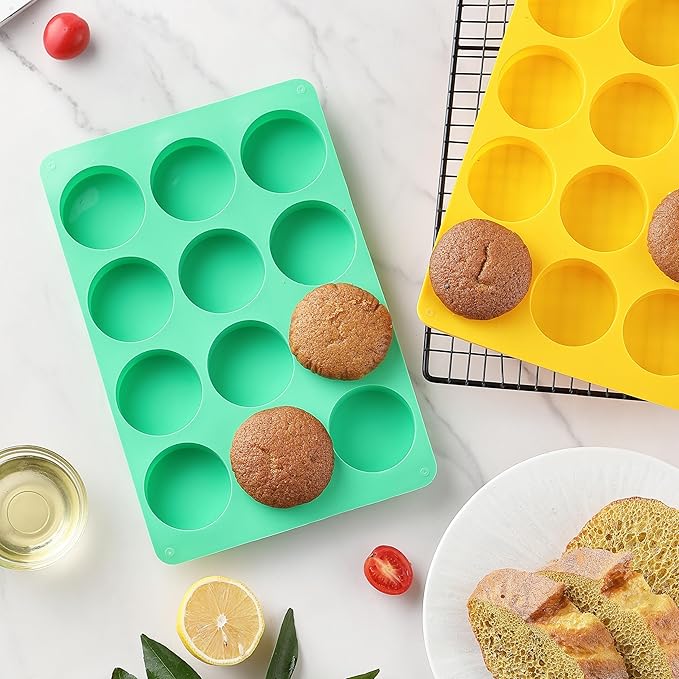 2PCS Molds Silicone, HIA Round 12-Cavity Chocolate Cookie Candy Silicone Mold, Baking Molds for Oreo, Chocolate, Cookie, Candy, Mini Cake, Jelly (Yellow+ Green)