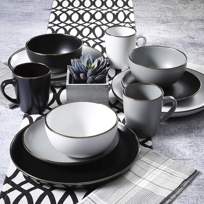 Gibson Home Rockaway 16-Piece Round Stoneware Dinnerware Set, Service for 4 – Grey with Gold Rim Plates and Bowls, Microwave & Dishwasher Safe - Image 7