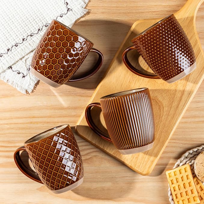 GBhome Large Coffee Mugs Set of 4, 16oz Handmade Embossed Coffee Mugs Set with Large Handle for Cappuccino/Latte/Tea/Hot Cocoa, Dishwasher & Microwave Safe, Caramel - Image 9