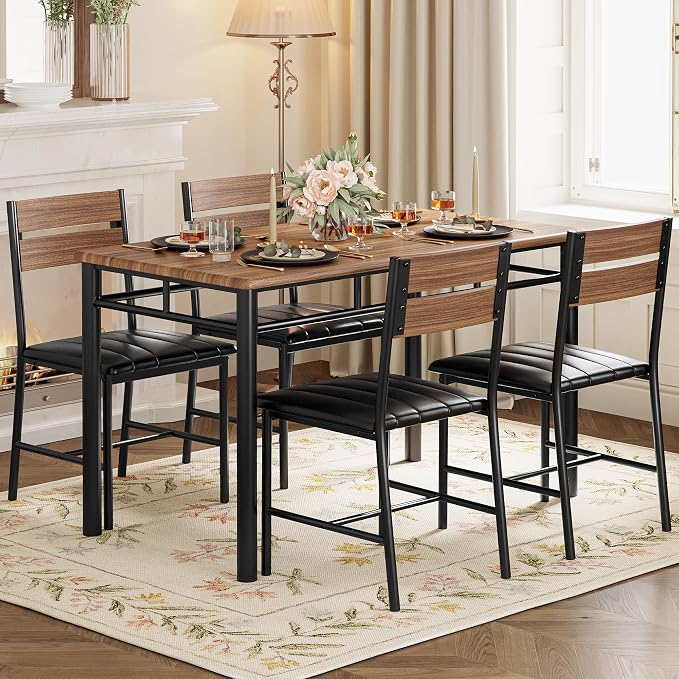 IRONCK Dining Table Set for 4, Walnut | Wood Kitchen Table with Upholstered Chairs for Kitchen Room and Small Spaces - Image 9