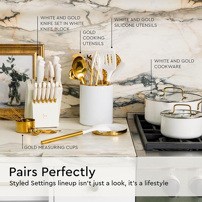 Gold Kitchen Utensils Set - 19-Piece Set Includes Stainless Steel Gold Utensils, White Silicone Tools, and Measuring Cups and Spoons - Luxury Kitchen Accessories for Modern Cooking, Serving, & Gifting | Stainless Steel, White Silicone Tools, and Measur... - Image 9