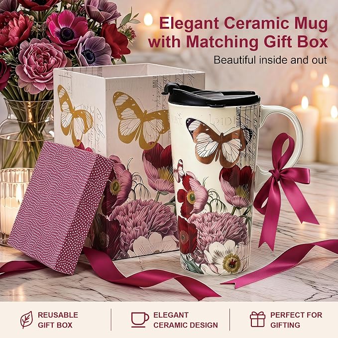 Topadorn 17oz Ceramic Travel Mug with Lid, Vintage Botanical Butterfly Mug | Vintage Botanical Butterfly Design, Comfortable Handle, Spill-Resistant Lid, Dishwasher Safe, Gift Box, Not Microwave Safe - Image 7