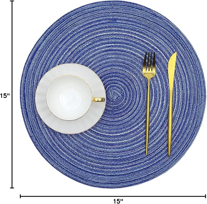 SHACOS Round Braided Placemats Set of 8 Round Table Mats for Dining Tables Washable Fabric Kitchen Table Place Mats (Blue White, 8) - Image 10