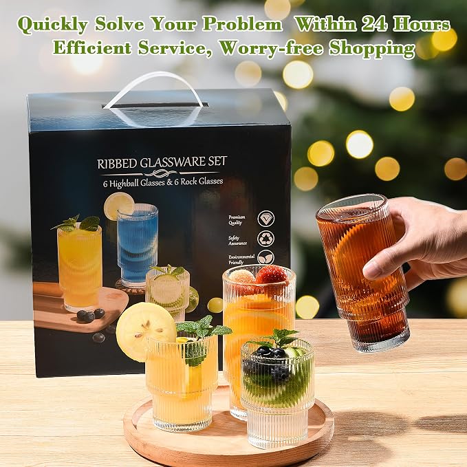 ISMASOAN Small Ribbed Glassware Set of 12, Glass Cups Fluted 12 oz & 7 oz | Stackable Glasses cup set for kitchen use in a gift box. Ideal for water, juice, iced coffee and everyday drinks - Image 7