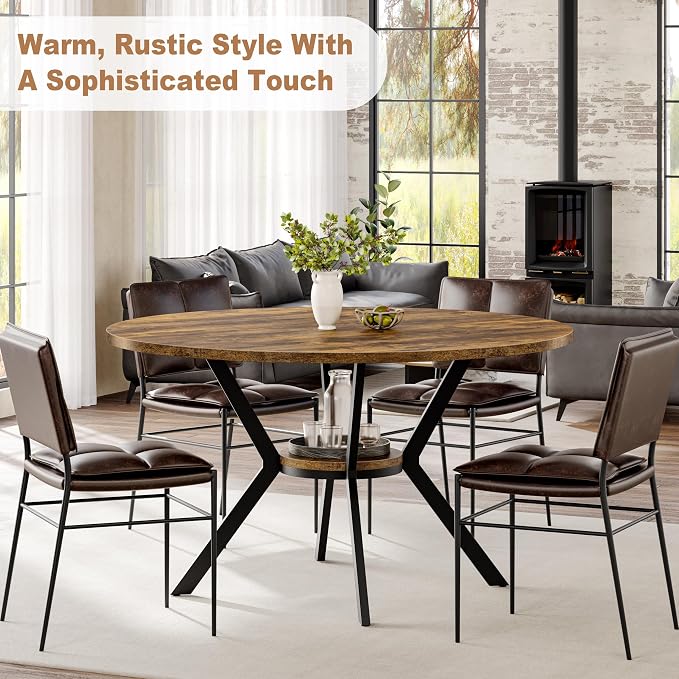 MECHYIN Round Dining Table for 2-4, 42 Inch Wood Kitchen & Dining Room Tables with Storage, Circle Dinner Table with Metal Legs, Space Saving Small Table for Dining Room, Kitchen, Rustic Brown - Image 8